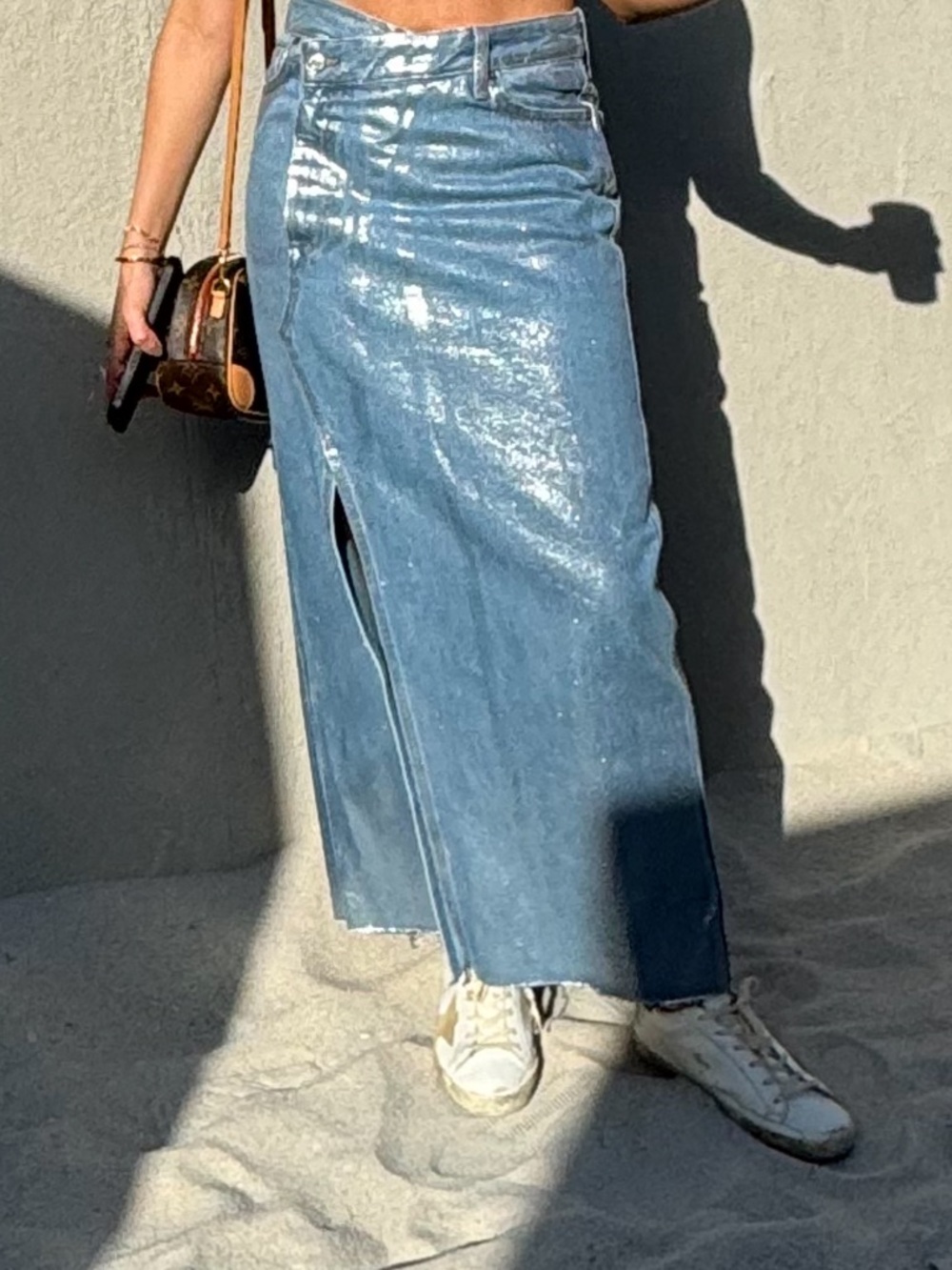 Zara Shimmery Light Blue Denim Maxi Skirt with Front Slit